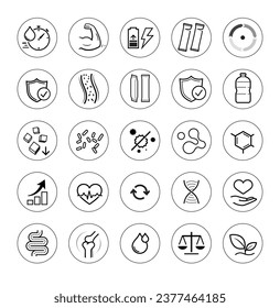 Vitality icon set for human-improving products. The outline icons are well scalable and editable. Contrasting elements are good for different backgrounds. EPS10.