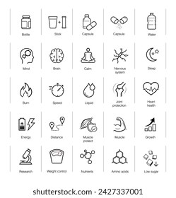 Vitality icon set for human-improving products, sport nutrition.The outline icons are well scalable and editable. Contrasting elements are good for different backgrounds. EPS10.