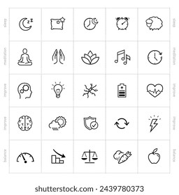 Vitality icon set for human-improving products, sleep, rest. The outline icons are well scalable and editable. Contrasting elements are good for different backgrounds. EPS10.