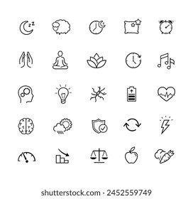 Vitality icon set for human-improving products, sleep, rest. The outline icons are well scalable and editable. Contrasting elements are good for different backgrounds. EPS10.