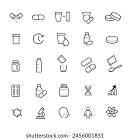 Vitality icon set for human-improving products, sport nutrition. The outline icons are well scalable and editable. Contrasting elements are good for different backgrounds. EPS10.