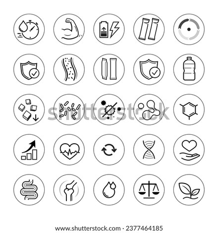 Vitality icon set for human-improving products. The outline icons are well scalable and editable. Contrasting elements are good for different backgrounds. EPS10.