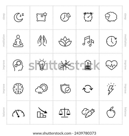 Vitality icon set for human-improving products, sleep, rest. The outline icons are well scalable and editable. Contrasting elements are good for different backgrounds. EPS10.