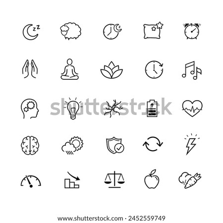 Vitality icon set for human-improving products, sleep, rest. The outline icons are well scalable and editable. Contrasting elements are good for different backgrounds. EPS10.