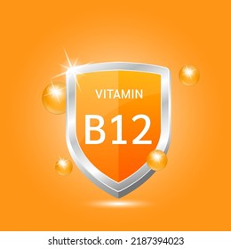 Vitamin 12 shield with orange atom circle bubbles surround. Protect body stay healthy. Medical scientific concept. For nutrition products food.  Vector illustration 3D. Natural extracts.