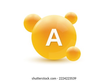 Vitamin A 3d icon. Circle drop, capsule or pill isolated on white background. Molecule bubbles design. Vector illustration.