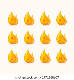 Vitamin A, B, B1, B2, B3, B5, B6, B9, B12, C, D, E, H vector icon set. Nutrition sign vector concept. Vitamin drop, pill, capsule, shining golden essence droplet.