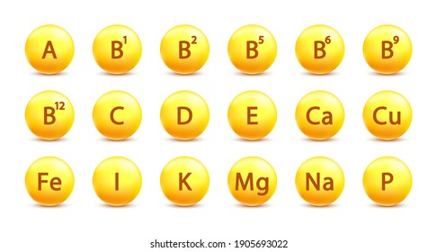 Vitamin A, B1, B2, B5, B6, B9, B12, C, D, E, Ca, Cu, Fe, I, K, Mg, Na, P pill golden capcule icon. Vitamin complex and essential vitamins. Nutrition sign. Medicine advertising. Vector illustration.