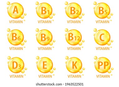 Vitamin A, B1, B2, B5, B6, B9, B12, C, D3, E, K1, PP. 3d icons set. Gelatin capsules. Vitamin complex. The concept of a healthy lifestyle, nutrition. Collection of round signs. Vector illustration.
