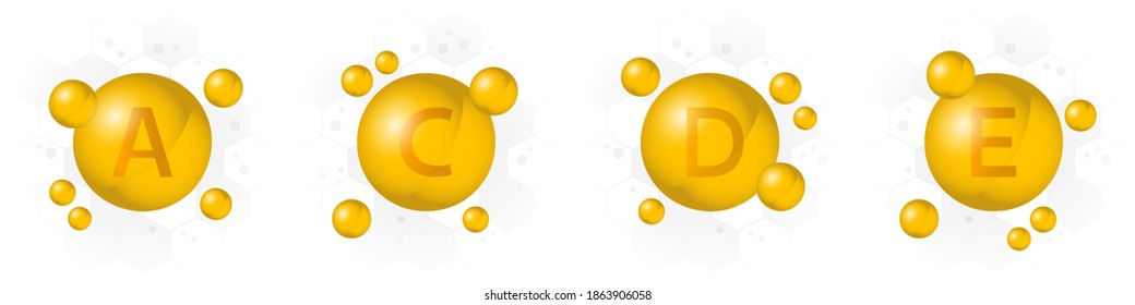 Vitamin  A, C, D, E vector icon. Golden bubble on hexagon background.  Healthcare illustration