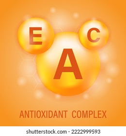 Vitamin A, C, E icon. Antioxidant complex. Vector realistic vitamin-gold capsules. Golden round capsules. Vector illustration