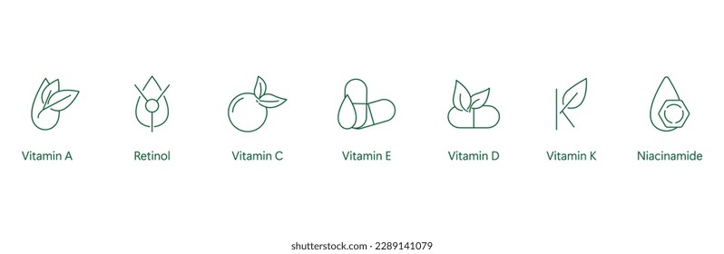 vitamin a, retinol, vitamin c, e, vitamin d, vitamin k, niacinamide icon set vector illustration