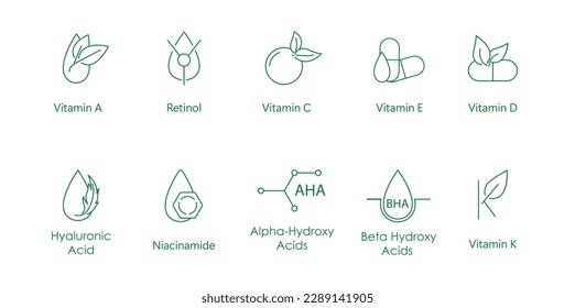 vitamina a, retinol, vitamina c, e, vitamina d, ácido hialurónico, niacinamida, alfa hidroxi ácido, beta hidroxi ácido, vitamina k icono ilustración vectorial