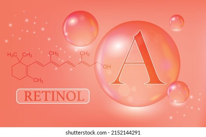 Vitamin A, retinol, water drops, capsule on a red gradient background. Vitamin complex with chemical formula. Information medical poster. Vector illustration