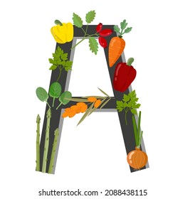 Vitamin A, set of vegetables and berries, letter A isolated on white background. Vector illustration