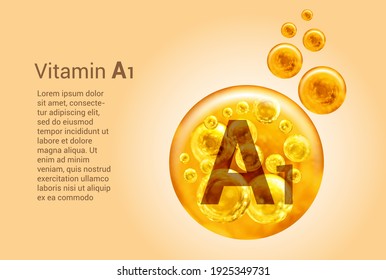 Vitamin A1. Baner with vector images of golden balls with oxygen bubbles. Health concept.