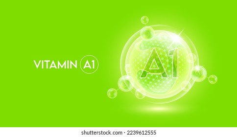 Vitamin A1 and bubble atom molecule collagen serum chemical formula shield protection skin. Skincare anti age nutrition supplement multivitamin complex. On green background. 3D vector.