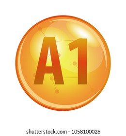 Vitamin A1 capsule. Vector icon for health. Gold shining pill.