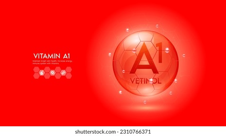 Vitamin A1 red solution or Vetinol. Innovation repair maintain bright skin care anti aging. Vitamins complex and collagen serum. For medical beauty treatment nutrition cosmetic design. Vector.