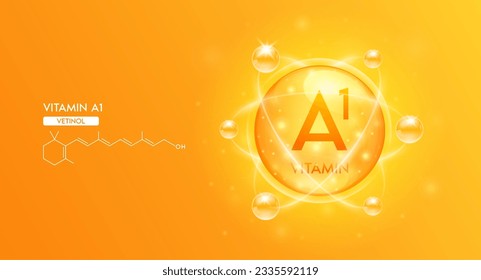 Vitamin A1 with structure chemical formula. Bubble collagen serum orange and Vitamins complex for cosmetics design. Medical concepts. Beauty treatment nutrition skincare. 3D Vector.