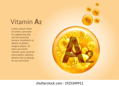 Vitamin A2. Baner with vector images of golden balls with oxygen bubbles. Health concept