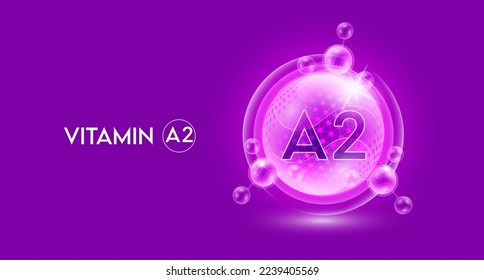 Vitamin A2 and bubble atom molecule collagen serum chemical formula shield protection skin. Skincare anti age nutrition supplement multivitamin complex. On purple background. 3D vector.