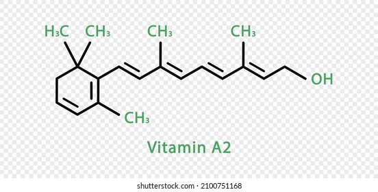 Vitamin A2 chemical formula. Vitamin A2 structural chemical formula isolated on transparent background.
