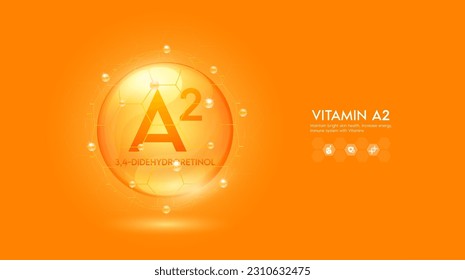 Vitamin A2 orange solution or 3,4-Didehydroretinol. Innovation repair maintain bright skin care anti aging. Vitamins complex and collagen serum. For medical beauty nutrition cosmetic design. Vector.