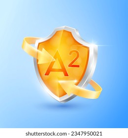 Vitamin-A2-Schild und orangefarbene Klarglaspfeile. Symbolschutz stärkt die Immunität des Körpers gesund. Medizinische Gesundheitskonzepte. Icon 3D für die Werbung für Nahrungsmittel. Vektorgrafik.