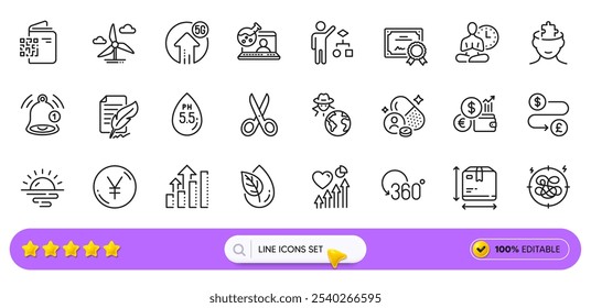 Vitamin, Analysis graph and Sunrise line icons for web app. Pack of Yen money, Box size, Windmill turbine pictogram icons. Ph neutral, Reminder, Currency rate signs. Heart beat, Cut. Vector