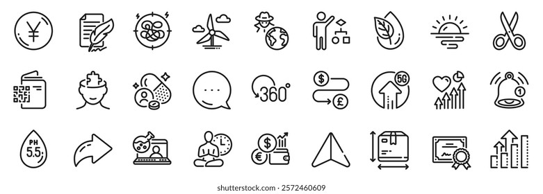 Vitamin, Analysis graph and Sunrise line icons pack. Share, Message, Paper plane icons. Yen money, Box size, Windmill turbine web icon. Ph neutral, Reminder, Currency rate pictogram. Vector