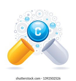 Vitamin С ascorbic acid supplement for health. Capsule with element icon, healthy diet symbol. 3d color ball isolated on white background. Trendy vector illustration, medical vitamins minerals supply