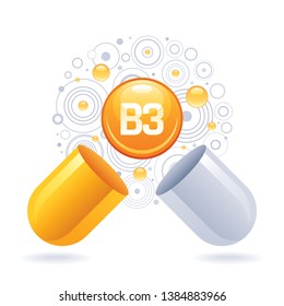 Vitamin B, B3 Niacin supplement for health. Capsule with nicotinic acid element icon, healthy diet symbol. 3d color ball isolated on white background. Trendy vector illustration, vitamins minerals art