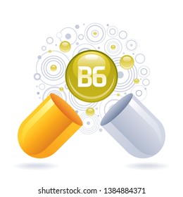 Vitamin B, B6 Pyridoxine supplement for health. Capsule element icon, healthy diet symbol. 3d color ball isolated on white background. Trendy vector illustration, medical vitamins minerals supply