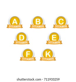 Vitamin B, C, D, E, F, K, A. Set of badges, logos, icons. Vector stock illustration