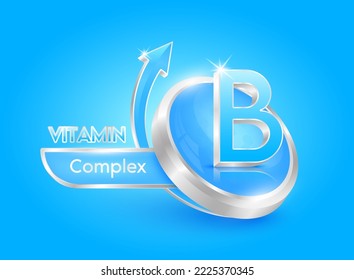 Vitamina B en forma de círculo azul con flecha. Se utiliza para diseñar suplementos dietéticos o productos de belleza. Conceptos médicos. Icono 3d aislado. Ilustración del vector EPS10.