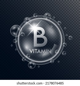 Vitamin B collagen in the form of a bubbles transparent with white drops water surround. Isolated 3D Vector. Used for advertising cosmetic products.