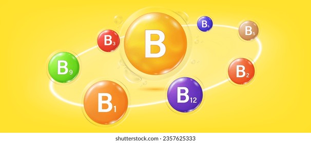 Complejo de vitamina B en el concepto de burbuja. Multivitamina. Pancarta compleja de vitaminas para publicidad, salud, ciencias médicas. Tratamiento de belleza diseño de cuidado de la piel.