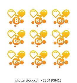 Vitamin b complex capsules icon set. Vitamins b1, b3, b9 and b12 icons.