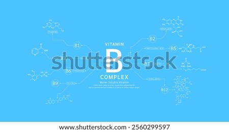 Vitamin B complex with chemical structure infographics. Water soluble vitamins nutrients essential for health. Used for design dietary supplement products. Medical science concept. Banner vector.