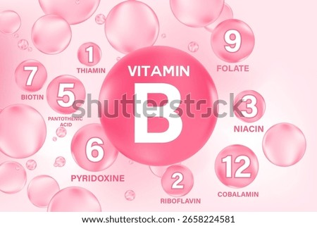 Vitamin B complex different type forms, glowing 3D pink molecule icon, flowing bubble element, beauty supplement background with copy space. Nutrition products banner, presentation, infographic design