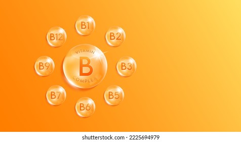 Vitamin B complex droplet, chemical formula from nature. Minerals water orange. Beauty treatment nutrition skincare design. With copy space for text. Medical scientific concepts. Realistic 3D Vector. - Shutterstock ID 2225694979