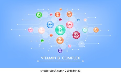 Minerales complejos de vitamina B. Cápsulas de multivitaminas aisladas sobre el vector de fondo azul. Suplemento dietético para publicidad en farmacia, diseño de paquetes de vitaminas. Concepto médico de ciencia.