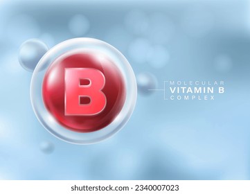 Molécula complejo de vitamina B flotando frente a un fondo azul aislado. vitaminas importantes que nutren el cuerpo Medios publicitarios para suplementos dietéticos, cosméticos, multivitaminas.