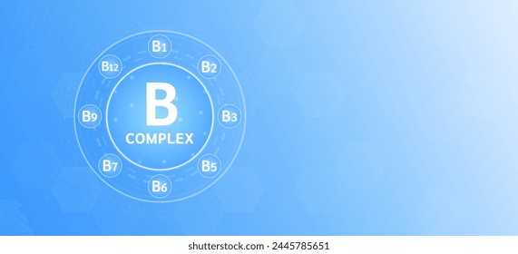 Complejo de vitamina B o nutrientes multivitamínicos necesarios para la salud. Anuncio de fondo azul con espacio vacío para el texto. Se utiliza para anuncios de suplementos dietéticos y farmacia. Ciencias médicas. Diseño de Vector.