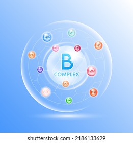 Vitamin B complex. Multivitamins minerals capsules isolated on blue background vector. Dietary supplement for pharmacy advertisement, vitamins package design. Science medic concept.