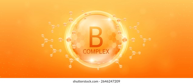 Vitamin B complex solution in transparent hexagonal dome with surrounding molecules atom orange. Banner for cosmetic products ads or supplement. Medical health care skin protection. Vector EPS10.