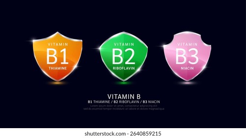 Vitamin B complex in translucent glass shield aluminum frame shiny modern 3D isolated on dark background. For design dietary supplement products. Health care protection. Vector.