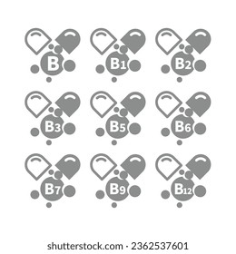 Vitamin b complex vector capsules. B1, b6, b12 vitamins icons.