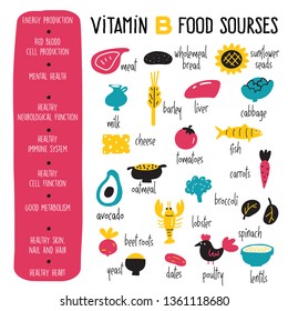 Vitamin B complex. Vector Cartoon infographics poster with illustration of food sources